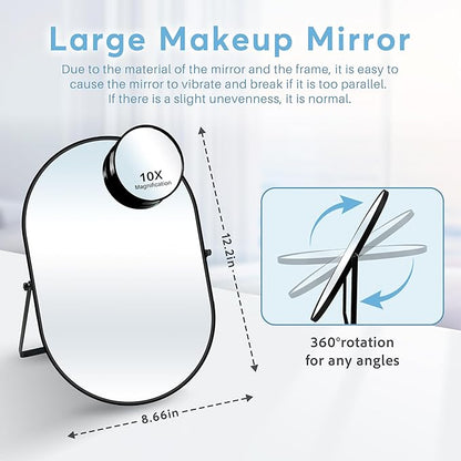 Desk Mirror, Tabletop Vanity Mirror, 360°Adjustable Rotation Vintage Metal Framed Table Mirror with Stand and 10X Magnifying Room for Living Room, Bedroom, Tabletop, Bathroom (Black Oval)