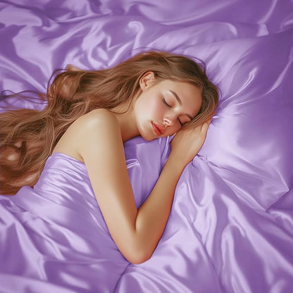 Love's cabin Satin Queen Sheets Set - 4 Piece Lavender Silky Bed Sheets with Deep Pocket, Luxury Silk Feel Satin Queen Size Sheet Set (1 Flat Sheet,1 Fitted Sheet,2 Pillow Cases)