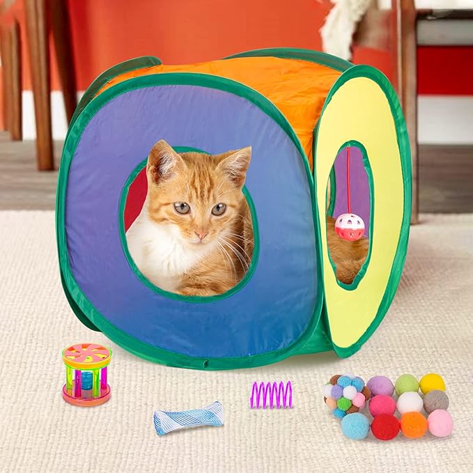 Retro Shaw Cat Toys Bundle 33 Pack, Interactive Kitten Toys for Indoor Cats Kitty with Collapsible Play Tunnel Tube Tent Feather Wand Teaser Bell Fuzzy Ball Springs Mouse Toy-Mewly Pet