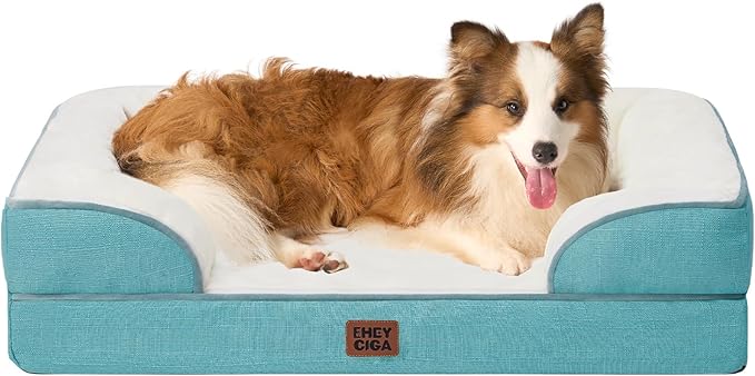EHEYCIGA Orthopedic Dog Beds for Large Dogs, Waterproof Memory Foam Large Dog Bed with Sides, Non-Slip Bottom and Egg-Crate Foam Pet Couch Bed with Washable Removable Cover, Turquoise Blue-Mewly Pet