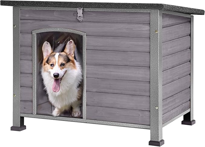 GUTINNEEN Chew Proof Dog House with Metal Iron Frame Outdoor Dog Kennel for Small Medium Large Indoor Dog Cage (33.5" L,Grey Color)-Mewly Pet