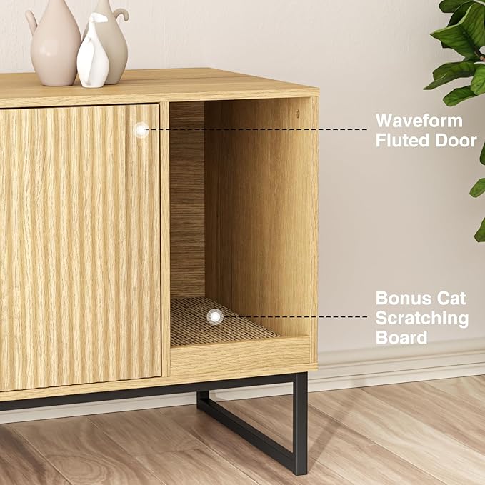 Cat Litter Box Enclosure, Fluted Hidden Litter Box Furniture with Scratch Pad and Metal Legs, Modern Enclosed Cat Cabinet, 31.5 x 17.7 x 21.7 Inches Indoor Pet House for Living Room, Washroom, Natural-Mewly Pet
