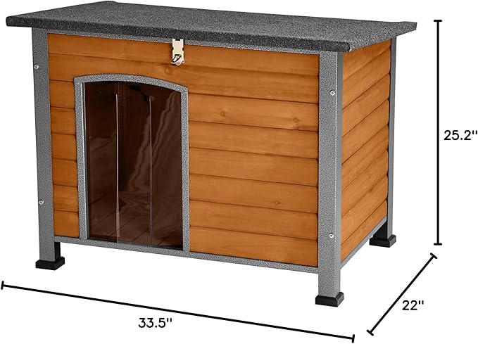 Indoor Outdoor Dog House,Anti-Chewing Iron Frame Dog Kennel,Wood Warm Pets Home,Weatherproof Outside Shelter for Feral Animal 33.5" (L) X 22" (W) X 25.2" (H) Brown-Mewly Pet