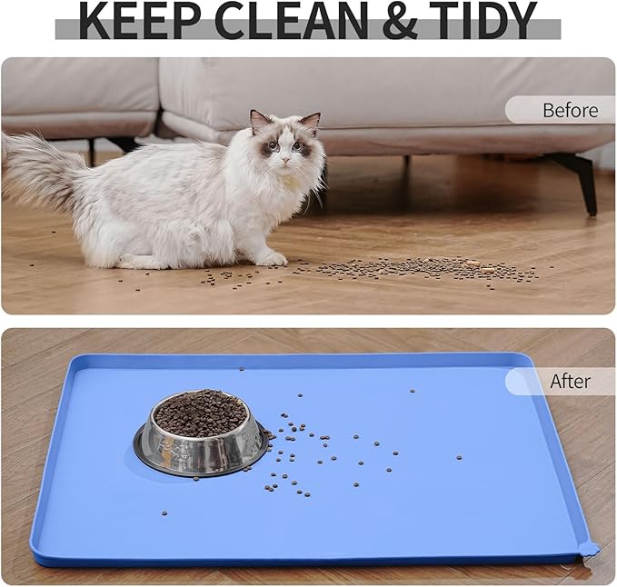 Waterproof Pet Feeding Mat with High Raised Edges, Heavier and Thicker Placemats for Cat Dog Water Bowl with BPA Free, Dogs Cats Food Mats for Messy Drinkers to Prevent Spill and Protect Floors-Mewly Pet