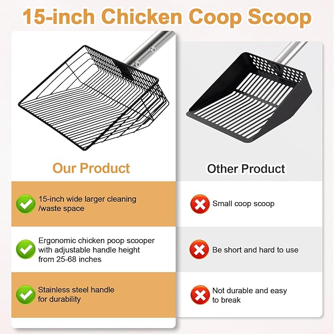 15" Chicken Poop Scooper & Rake, Metal Chicken Coop Scoop for Poop with 24 to 68" Adjustable Stainless Steel Handle, Litter Scooper Sifting Shovel Chicken Coop Accessories-Mewly Pet