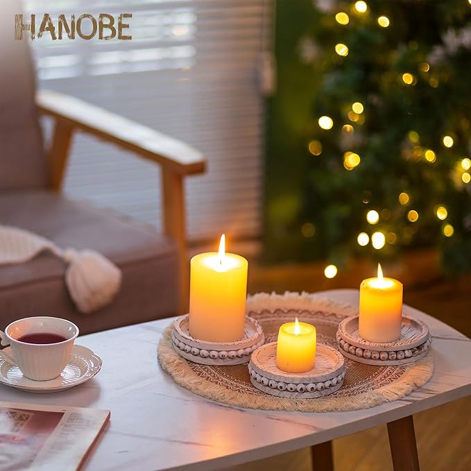 Hanobe Wood Plate Candle Holder: Small Candle Plate Set of 3 Decorative White Washed Beaded Holders Tray Round Candle Stick Holders Farmhouse Table Centerpiece for Fireplace Dining Room Home Decor