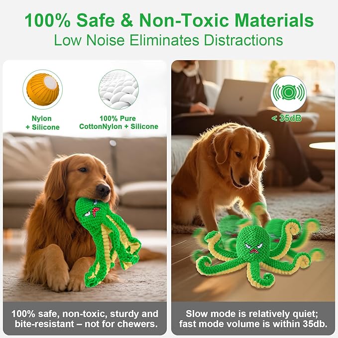 Interactive Dog Toys Octopus,Durable Automatic Jumping Dog Toy to Keep Them Busy,Squeaky Moving Tug of War Doggie Toy,USB Rechargeable Puppy Toys (Green)-Mewly Pet