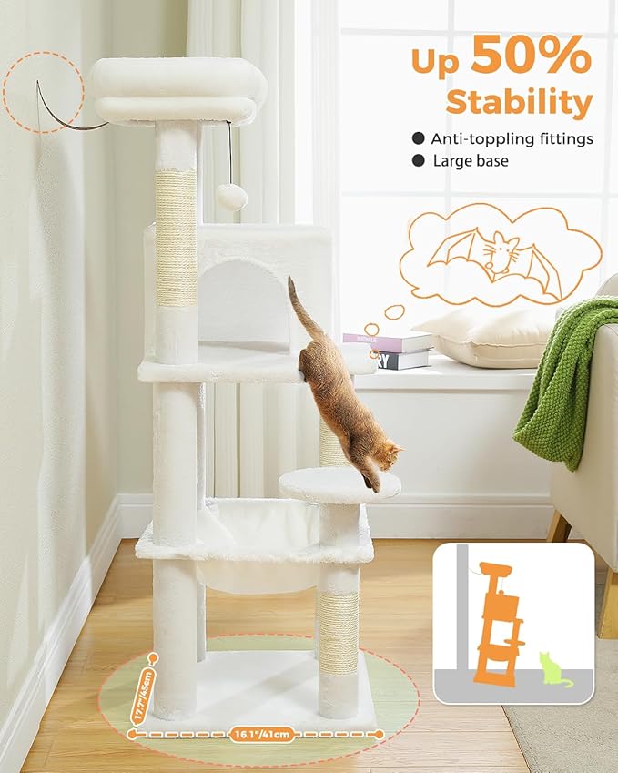 White Cat Tree for Indoor Cats, 45.7" Multi-Level Cat Tower with Large Metal Frame Hammock, Cat Condo with 4 Scratching Posts and Top Perch, White-Mewly Pet