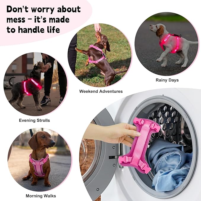 Rechargeable Light Up Dog Harness for Small Dogs – Adjustable LED Dog Vest with Reflective Strips, No Pull Glow in The Dark Puppy Harness for Night Walking Safety-Pink-Mewly Pet