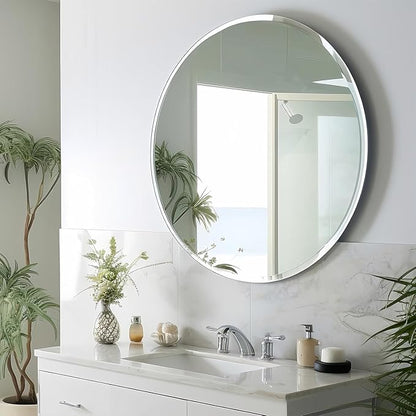 KOHROS Round Bathroom Mirror 32" x 32" Large Circle Mirror for Bathroom, Frameless Beveled Edge Mirror for Wall, Anti-Rust, Tempered Glass, Hallway & Home Decor (Silver)