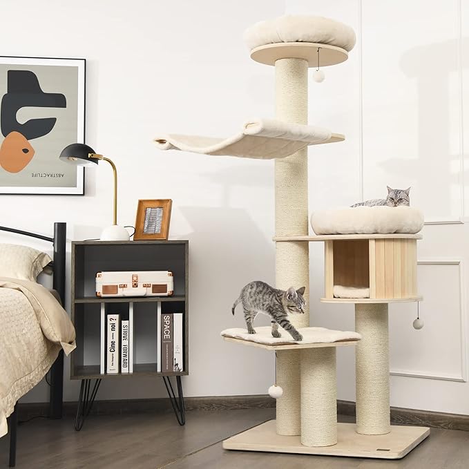 Tangkula Modern Cat Tree, Multi-Level Large Cat Tower with Condo, Hammocks & Hanging Basket, Tall Cat Tree with Sisal Posts, Washable Cushions, Wood Cat Trees and Towers for Indoor Large Cats-Mewly Pet