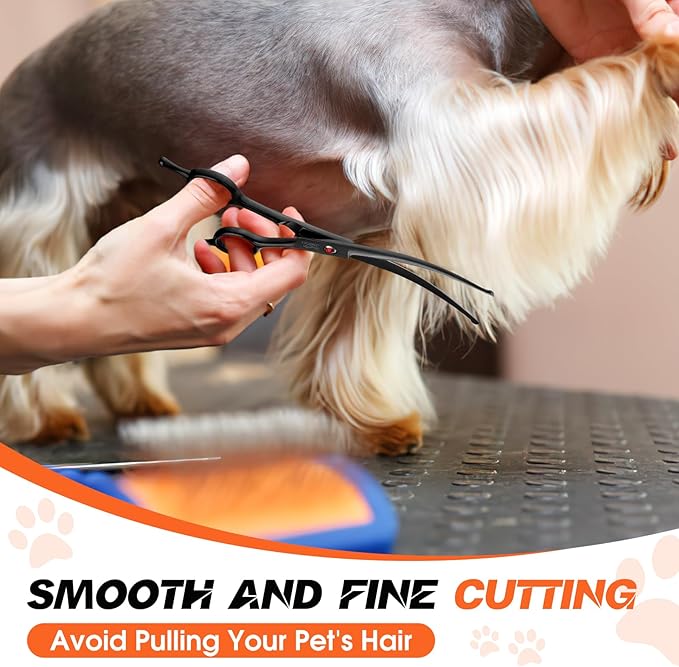 JASON 7.5" Dog Grooming Shear - Professional Up-curved Scissor with Round Tips Japanese Stainless Steel Hair Scissor for Dogs, Cats and Other Pets (Curved with Round Tips, Black)-Mewly Pet