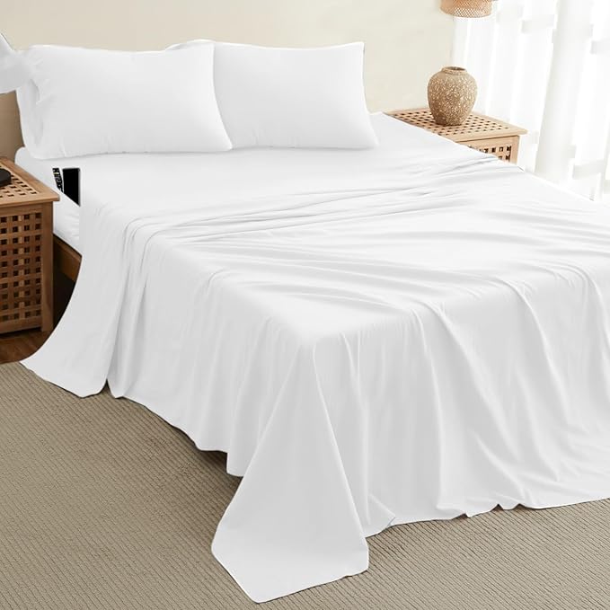 DREAMCARE King Size Sheets Set – 4 pcs Cooling Sheets – up to 21” Deep Pocket King Sheet Set – Hotel Luxury Sheets & Pillowcases – Superior Softness 100% Fine Microfiber with Side Pocket – White