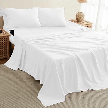 DREAMCARE California King Sheet Sets – 4 pcs Cooling Sheets – up to 21” Deep Cal King Sheets – Hotel Luxury Sheets & Pillowcases – Superior Softness 100% Fine Microfiber with Side Pocket – White