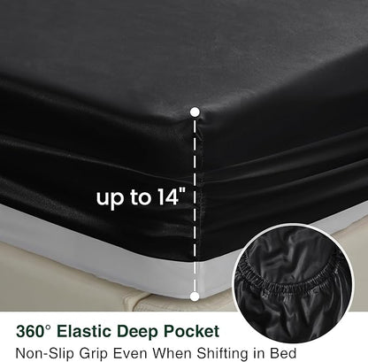 Love's cabin Satin King Sheet Sets - 4 Piece Black Silky Sheets King Size Bed Set with Deep Pocket, Luxury Silk Feel King Size Satin Sheet Set (1 Flat Sheet,1 Fitted Sheet,2 Pillow Cases)