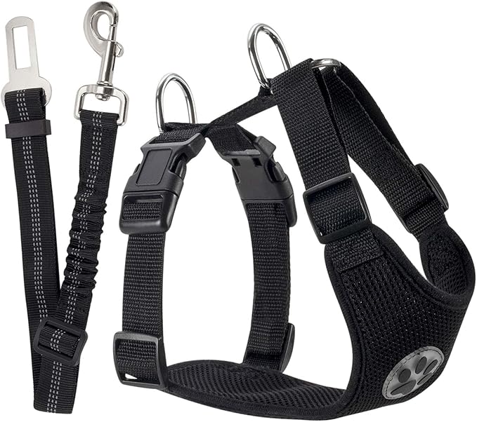 SlowTon Dog Seat Belt Harness for Car, Dog Car Harness Adjustable Mesh Breathable & Dog Seatbelt Safety Tether with Elastic Bungee for Small Medium Large Pets(Black, Single Clip, L)-Mewly Pet