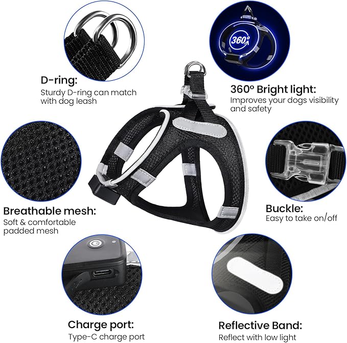 PceoTllar Light Up Dog Harness, LED No Pull Reflective Dog Harness, Flashing Lighted for Night Walking - Small/Medium (Black Blue,s)-Mewly Pet