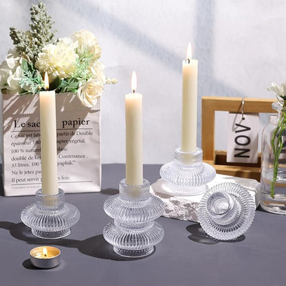 Candle Stick Candle Holder Set of 8, Taper Candle Holders for Wedding Table Centerpiece, Ribbed Glass Votive Candle Holders for Christmas, Romantic Dinner, Festival & Windowsill Decor
