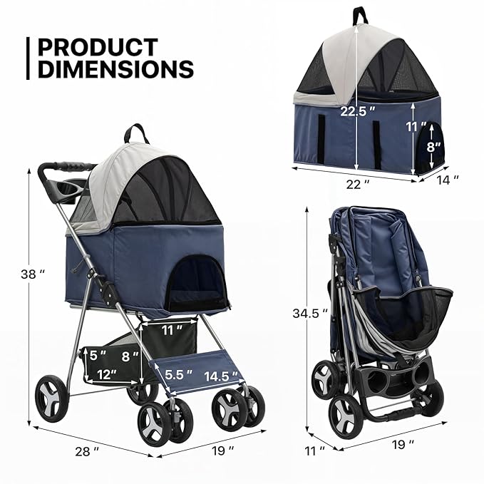 MoNiBloom 3 in 1 Foldable Pet Stroller for Small & Medium Dogs, Detachable Carrier, Car Seat, Push Button Entry, 4-Wheel Jogger for Pets up to 33 lbs, Navy Blue-Mewly Pet