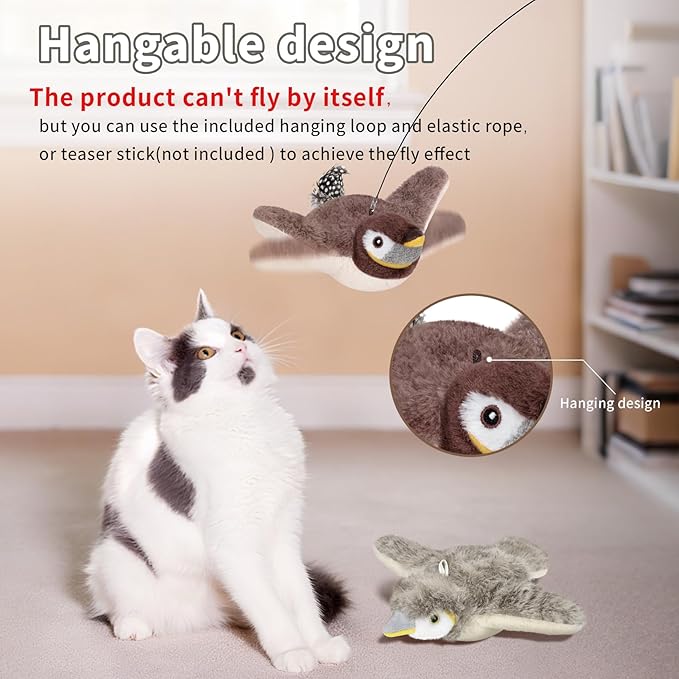 2 PCS Cat Toys, Flapping Bird Cat Toy(No Flying), Interactive Catnip Toy with Catnip Bags, Chirping Noise Moving Wings Dog Cat Kitten Toys, Flappy Flying Pets Toy for Indoor(Brown&Gray Sparrow)-Mewly Pet