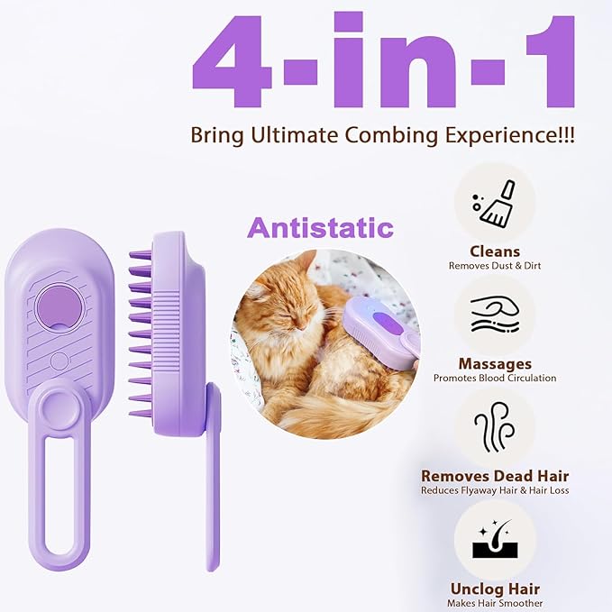 Cat Steam Brush for Shedding, 2025 New 4 in 1 Rechargeable Steam Pet Brushes for Cats & Dogs, Indoor Anti-static Pets Brush for Massage, Cleaning, Shedding & Combing Hair (Purple)-Mewly Pet