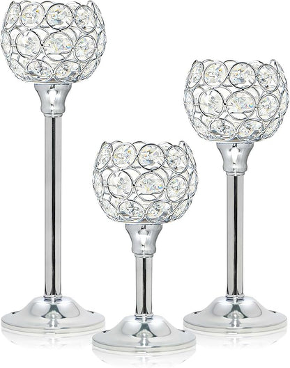 Crystal Metal Tealight Candlestick, Bling Bowl Candelabras, Tall Crystal Votive Candle Holders Elegant Crystal Candle Centerpiece for Dining Table Wedding Decor (Set of 3, Silver)