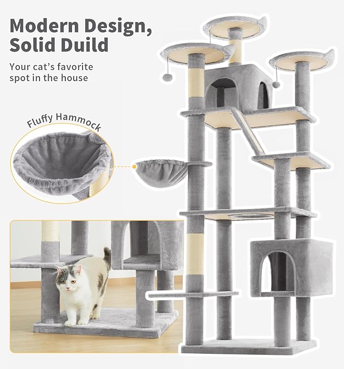 Made4Pets Tall Cat Tree, 80" Cat Tree Tower for Indoor Cats Large Adult, Modern Cat Tower with Scratching Post, Cozy Hammock, 3 Perches and 2 Condos, Sturdy and Fluffy, Light Gray-Mewly Pet