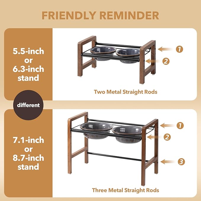 5.5inch Ceramic Adjustable Raised Double Bowls Set with Stand, 3 Heights Elevated, 2 Placement Options, Food and Water Dishes for Puppy, Cats（Double Bowls+Stand, Reactived Glaze -Grey-Mewly Pet