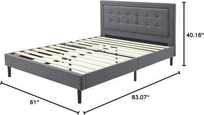 Decoro Mornington 2.0 Upholstered Platform Bed | Headboard and Metal Frame with Wood Slat Support, Grey, Queen Size