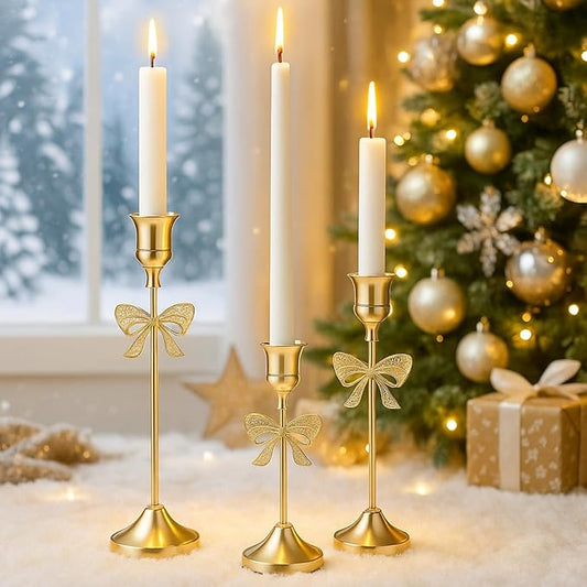 3 Pcs Christmas Candle Holders 3 Size Gold Taper Candlestick Holders Set Vintage Decorative Centerpiece for Table Mantel Wedding Housewarming Thanksgiving Gifts (Bowknot)