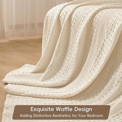 PHF 100% Cotton Waffle Weave Blanket Twin Size for Bed, Soft Lightweight & Breathable, All-Season Comfort, Luxury Aesthetic Woven Bedding for Home Decor, 66"x90", Natural