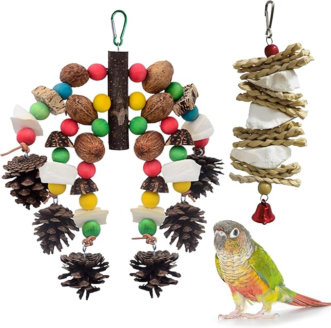 kathson Parrot Chew Toys, Medium Size Natural Wooden Bird Toys with Colorful Blocks, Hanging Bird Cage Accessories for Cockatiels, Conure, Cockatoos, 2 Pack (Style B)-Mewly Pet