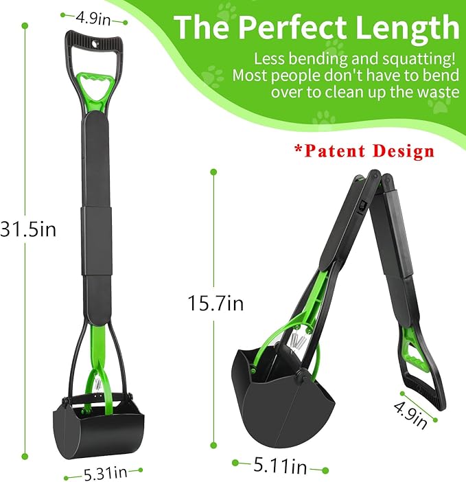 UPSKY 32'' Pooper Scooper for Large Small Dogs, Long Handle Dog Poop Scooper with Waste Bags, Portable Dog Poop Pick Up Tool, Folding Poop Scoop for Yard, Grass, Dirt, Gravel Green-Mewly Pet