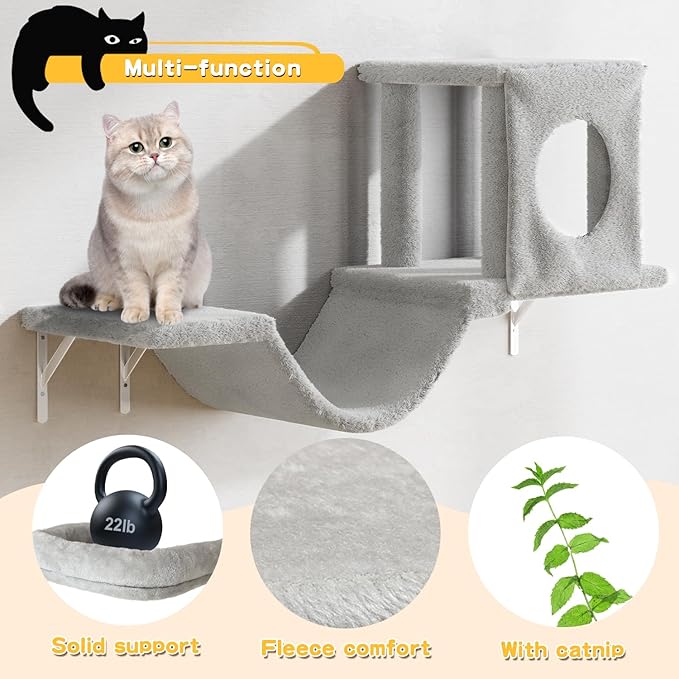 NUNU LAB Wall Mounted Cat Furniture, 6 Pcs Cat Wall Shelves with Condo House, Bridge, Steps, Scratcher, Hammock, Indoor Safe & Stable Furniture for Kittens Play, Gray-Mewly Pet