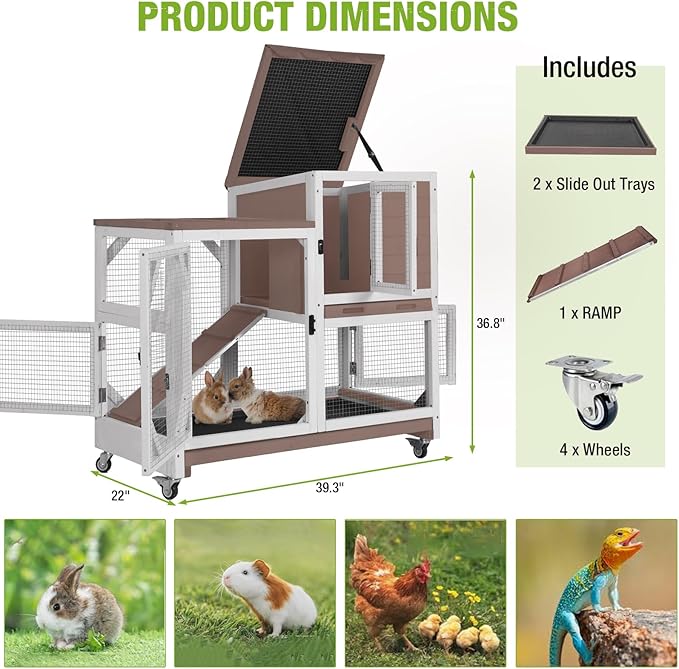 Gutinneen 2-Story Rabbit Hutch with Chew-Proof Ramp & Leak-Proof Trays - Indoor/Outdoor 39.3" Wooden Rabbit Cage with Wheels for Rabbits, Guinea Pigs-Mewly Pet