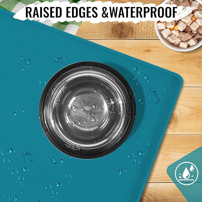 MateeyLife Dog & Cat Food Water Mat for Floors Waterproof, Nonslip Pets Bowl Feeding Mats with Raised Edges, Silicone Matt Tray for Messy Drinkers, 18"x12", Teal-Mewly Pet
