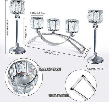 3 Arms Crystal Candle Holders, Arch Candlestick Table Candelabras Centerpieces for Wedding, Dinning Room, Cabinet Ornaments, Home Decoration， Gift (3-arm Arched Set, Silver)