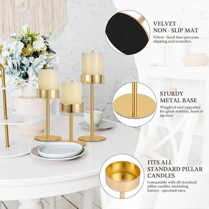Pillar Candle Holders Set of 3, 3.15" Diameter Gold Metal Candlestick Holder for Pillar & Flameless Candles. Ideal Decoration for Table,Fireplace,Living,Dining Room,Perfect for Wedding,House Gift.