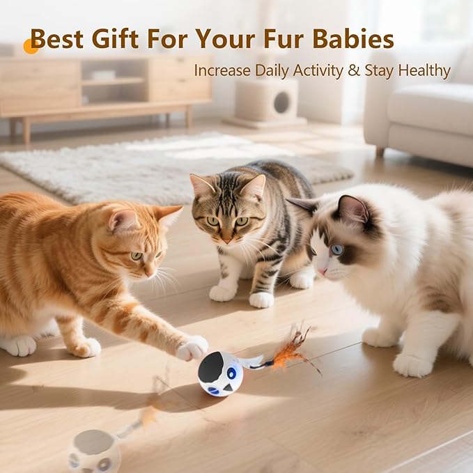 ORSDA Cat Ball Toys, Interactive Cat Toy for Indoor Bored Indoor Cats Kitten Toys, Automatic Electric Bird Moving Ball Toy, 4 Mode Voice & Touch Control Rolling Chirping Stimulating, 2 Feather Tails-Mewly Pet