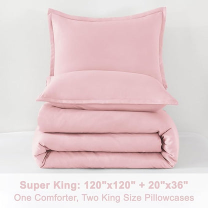Litanika Comforters Pink Super King Size, 3 Pieces Lightweight Solid Bedding Set & Collections, All Season Fluffy Bed Set (120x120In Comforter & 2 Pillowcases)