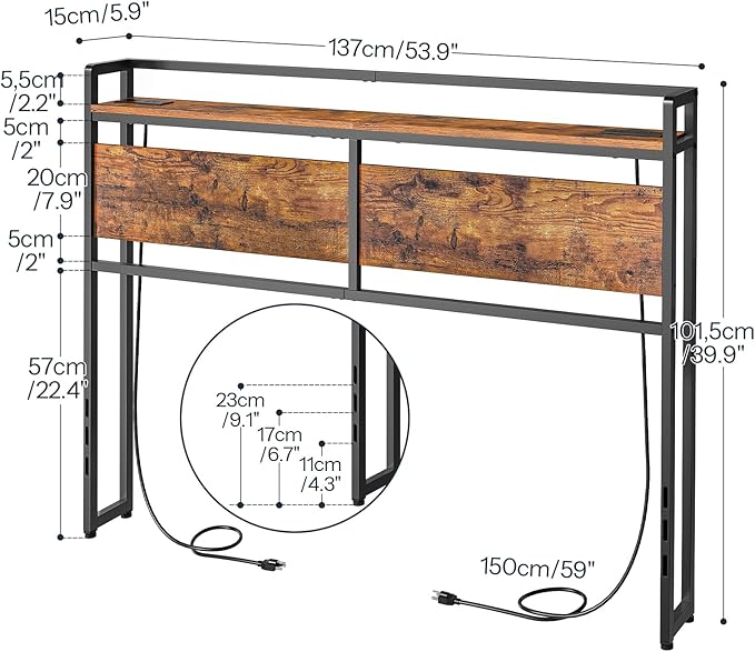 HOOBRO Headboard Full Size, Headboard with 2 Outlets and 4 USB Ports, Adjustable Height, Storage Rack, Sturdy and Stable, Easy Assembly, Rustic Brown and Black