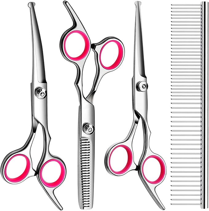 Professional Dog Grooming Scissors Kit, Titanium Coated Dog Scissors for Grooming, Grooming Shears Kit for Dogs Cat At Home (Pink 5 in 1)-Mewly Pet