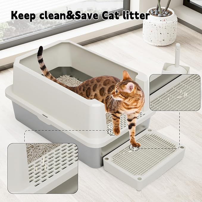 RIZZARI Stainless Steel Cat Litter Box, Semi-Closed Litter Box with High Edges, Large Odorless Litter Pan with for Small to Large Cats (Beige, 1 Pack)-Mewly Pet