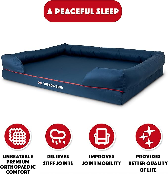 The Dog’s Bed Orthopedic Dog Bed XXL Blue Oxford with Red Trim UK Flag Dog Bed 51.5x39, Memory Foam, Pain Relief: Arthritis, Post Surgery, Lameness, Veterinary Approved, Waterproof Washable Cover-Mewly Pet