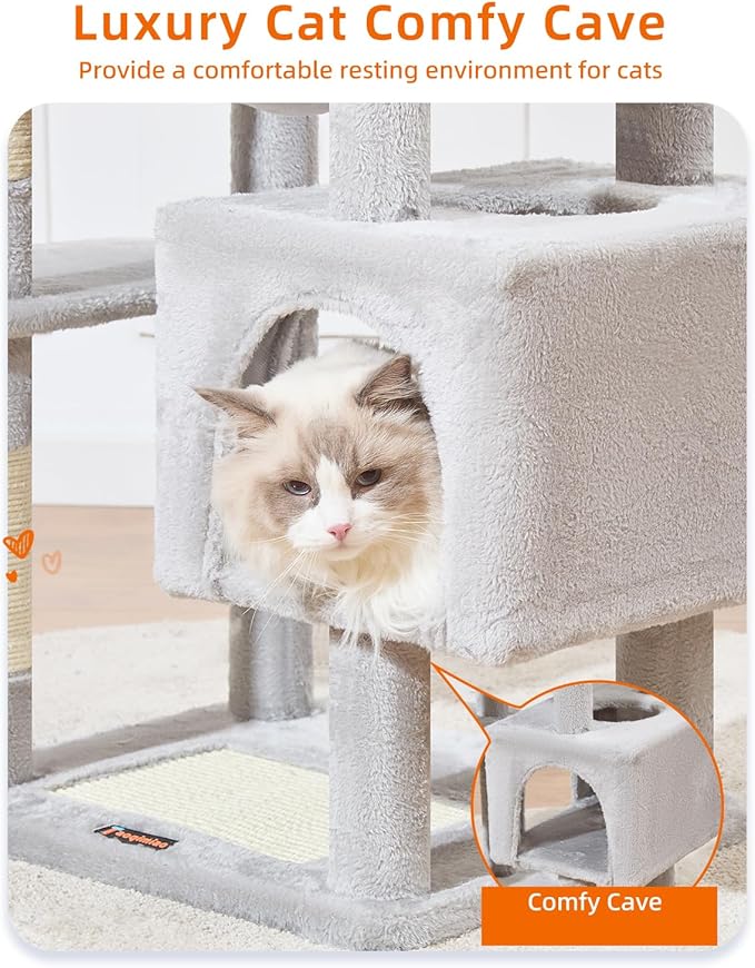 Taoqimiao Cat Tree, 68-Inch Cat Tree Cat Tower for Indoor Cats, Plush Multi-Level Cat Condo with 6 Scratching Posts, 2 Perches, 2 Caves,Hammock, 3 Pompoms,MS020SW Light Gray-Mewly Pet