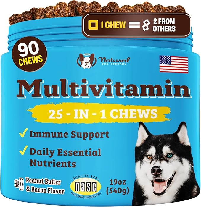 Natural Dog Company 25 in 1 Multivitamin for Dogs – Daily Soft Chews with Vitamins, Minerals & Antioxidants, Immune & Joint Support, for All Ages, Sizes & Breeds, Bacon & Peanut Butter – 90 Count-Mewly Pet