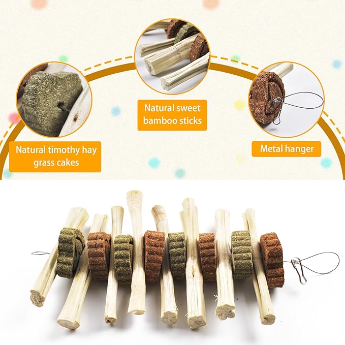 kathson 4 Pcs Bunny Chew Toys for Teeth,Rabbit Hanging Chew Toy Grinding Natural Sweet Bamboo Sticks with Timothy Hay Grass and Carrot Cake for Improve Rodent Small Animals Dental Health-Mewly Pet