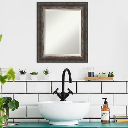 Amanti Art Brown Bathroom Mirror for Over Sink, 25x21 Bark Rustic Char Rectangle Vanity Mirror, Small Country Rustic Frame, Hangs Horizonally and Vertically, Bathroom Wall Decor, Beveled Edge