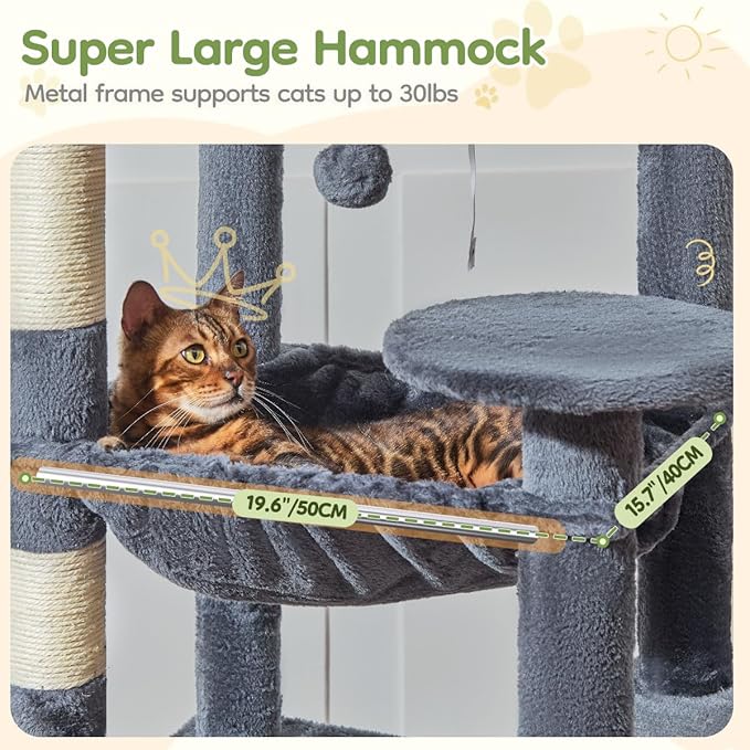 Taoqimiao 72 Inches Cat Tree for Large Cats, Multi-Level Tall Cat Tower, Widened Cat Condo with Large Scratch Board, 5 Scratching Posts, Metal Hammcock, Cozy Basket, Smoky Gray, MS045G-Mewly Pet