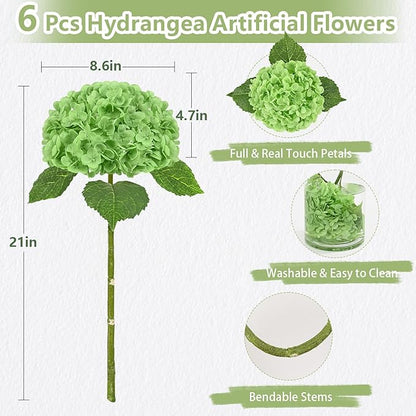 6 Pcs Real Touch Hydrangea Artificial Flowers, 21" Light Green & Dark Green Full Faux Hydrangea Flowers Latex Fake Flowers for Home Decor Party Floral Arrangements Wedding Bouquets Outdoor Decor